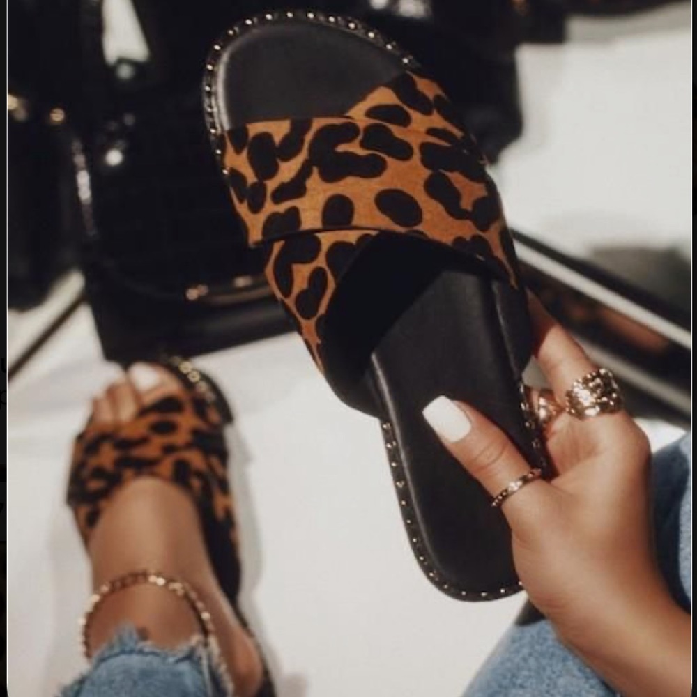 Leopard Print X Band Studded Slide Flat Sandals